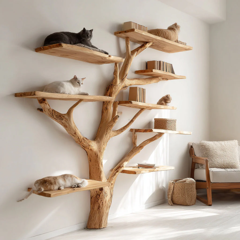 Handgemaakte Houten Kattenboom-Boekenkast – Natuurlijke Massiefhouten Planken met Meerdere Niveaus