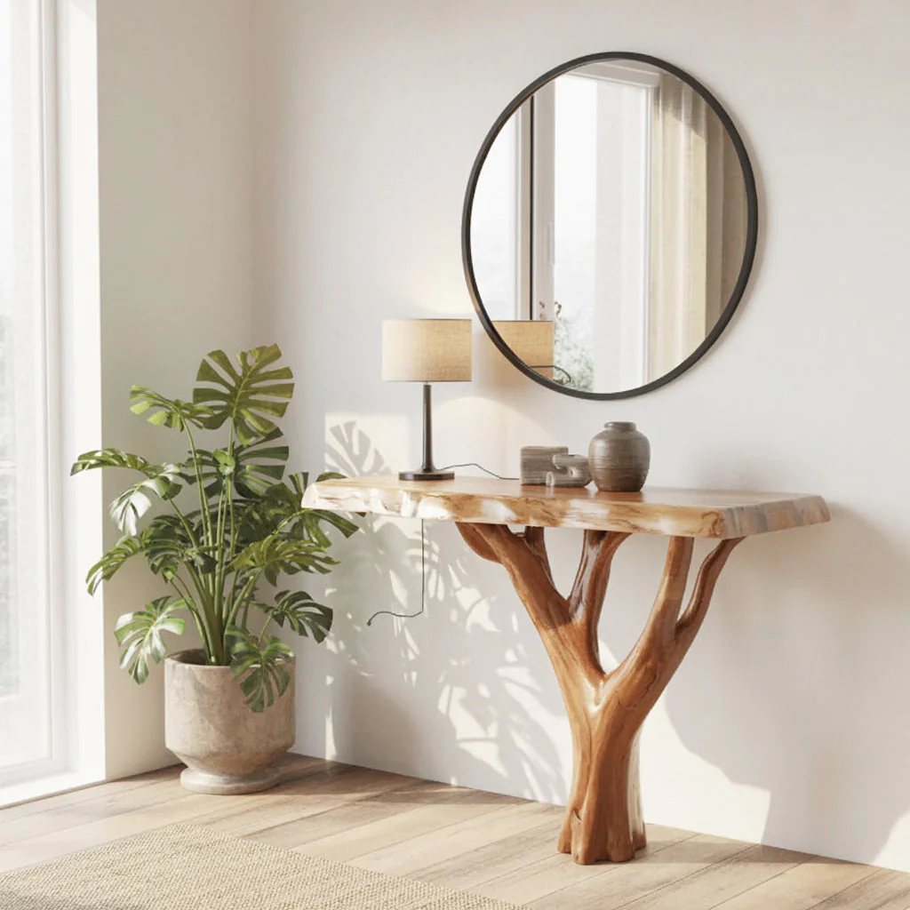 Handgemaakte Massief Houten Live Edge Consoletafel met Boomvoet