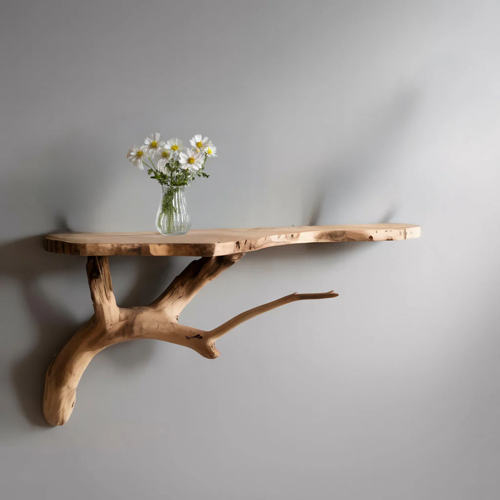 Handgemaakte Live Edge Zwevende Wandplank van Natuurlijk Hout