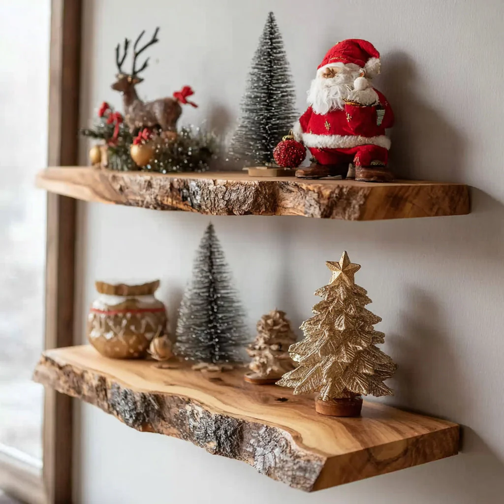 Rustieke Zwevende Wandplanken van Massief Hout – Handgemaakt Live Edge Planken voor Feestdecoratie