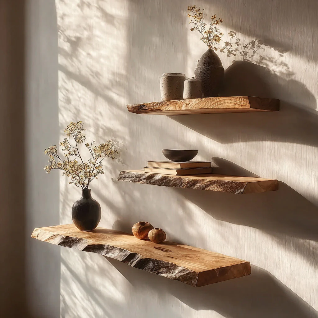 Live Edge Zwevende Wandplank van Massief Hout – Rustiek Decor