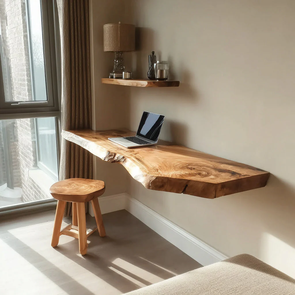 Handgemaakte Zwevende Live Edge Houten Wandbureau van Massief Hout