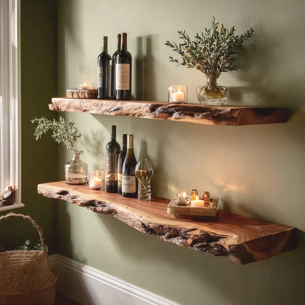 Handgemaakte Live Edge Zwevende Barplanken – Rustieke Massief Houten Wandplank voor Keuken of Bar