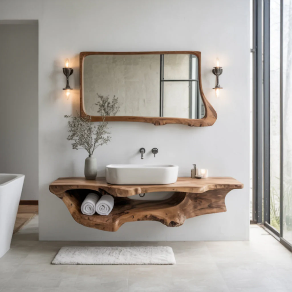 Massief Houten Zwevend Badkamermeubel – Live Edge Console En Farmhouse Decor