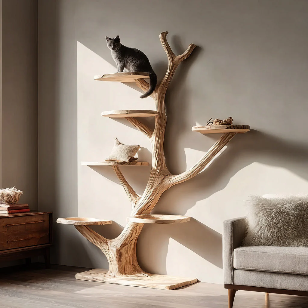 Handgemaakte Houten Kattenboomtoren – Massief Houten Meerdere Niveaus Rustiek Kattenmeubel