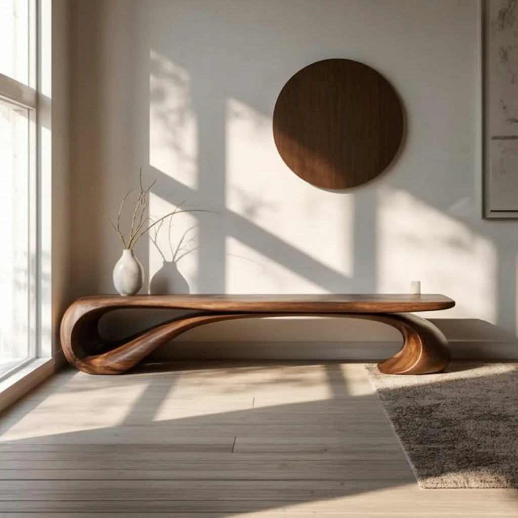 Handgemaakt Notenhouten Bankje – Organisch Sculpturaal Mid-Century Design