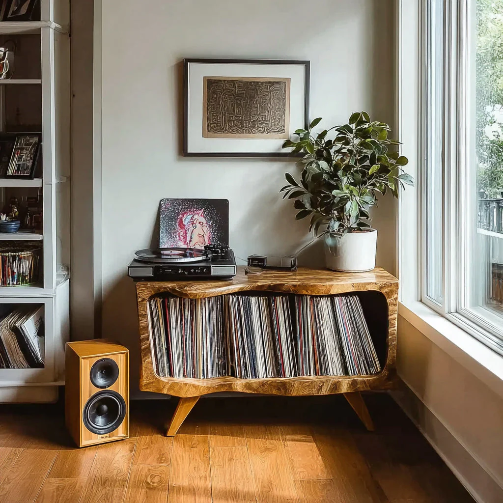 Handgemaakte Houten Platenspeler Kast – Natuurlijke Turntable Station met Vinyl Opbergruimte