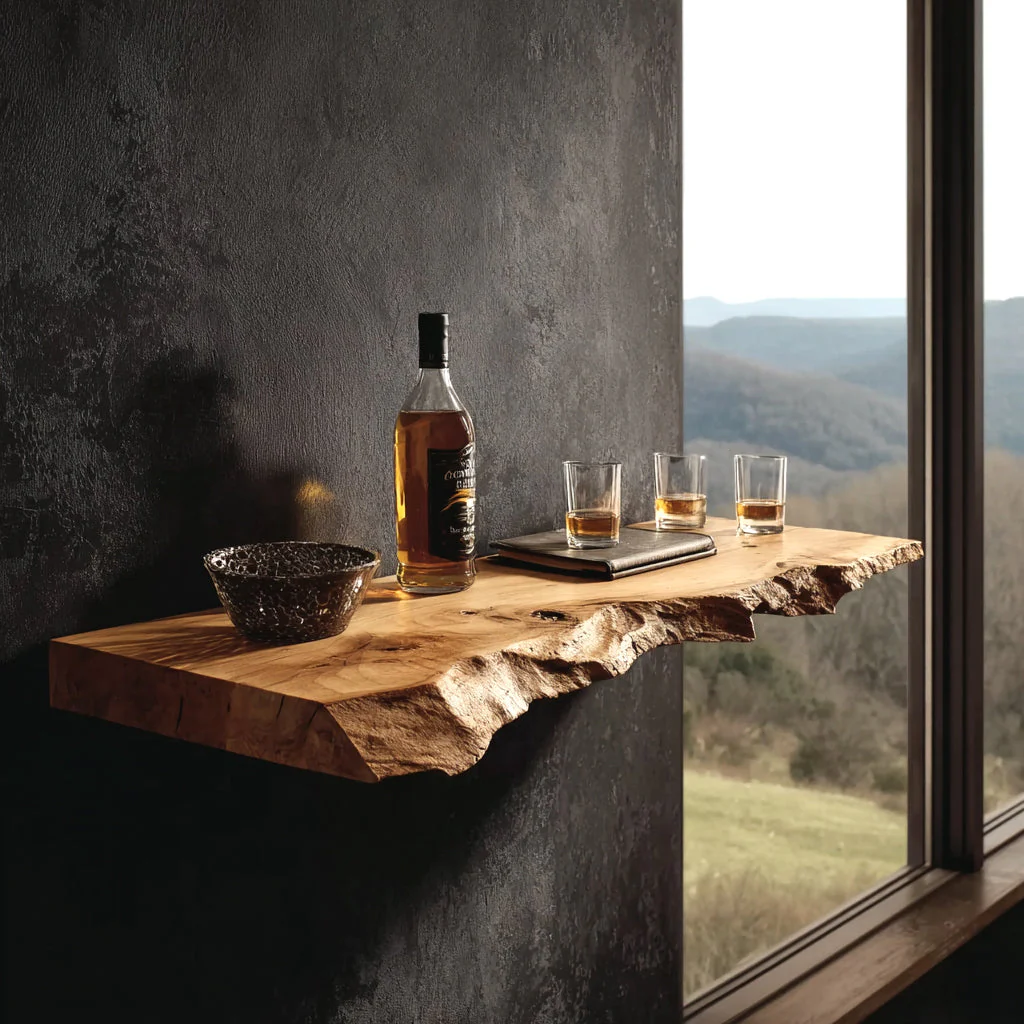 Ambachtelijke Zwevende Barplank – Rustieke Live Edge Wandplank van Hout