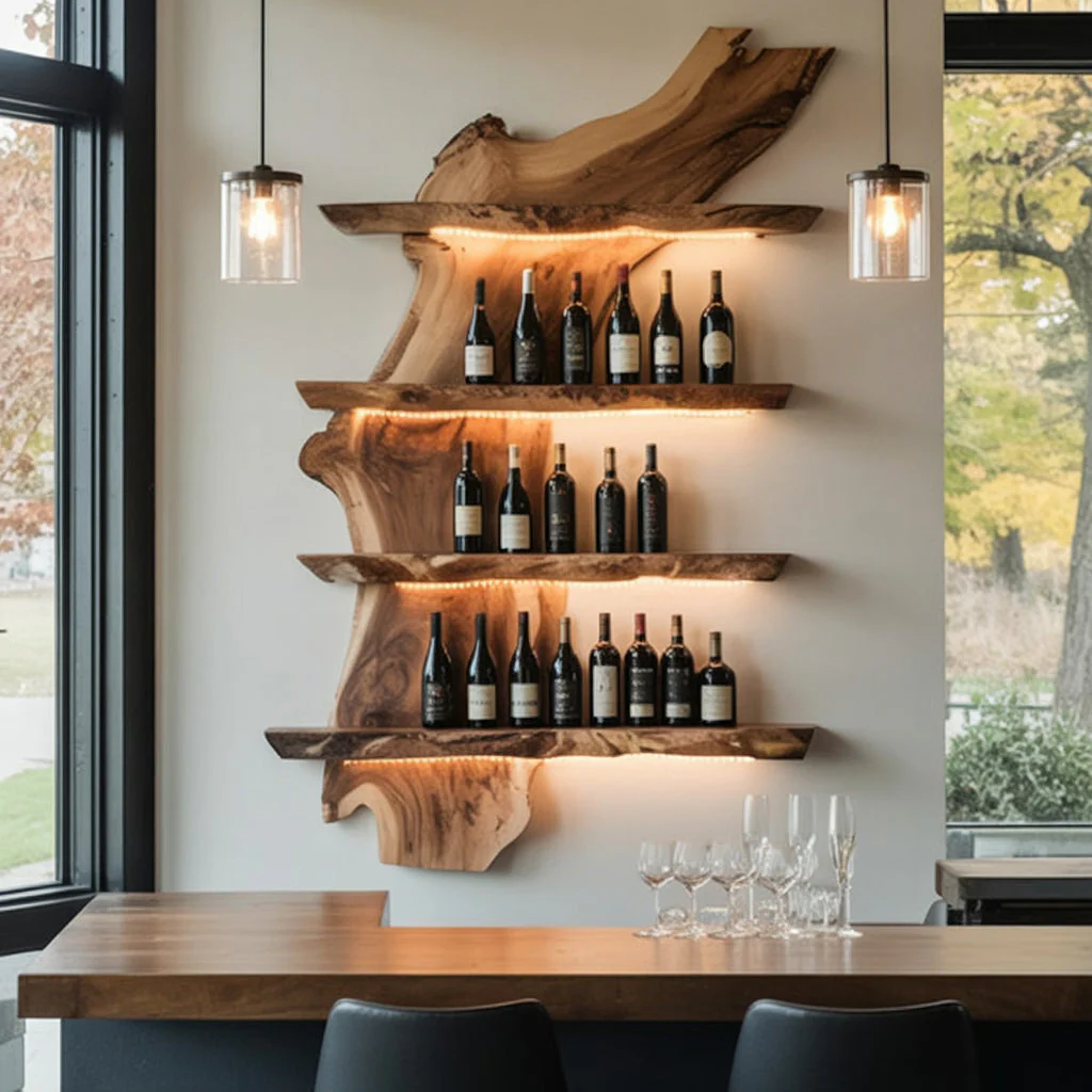 Handgemaakte Boomrand Bar Wandplank – Houten Zwevende Plank voor Rustieke Thuisbar