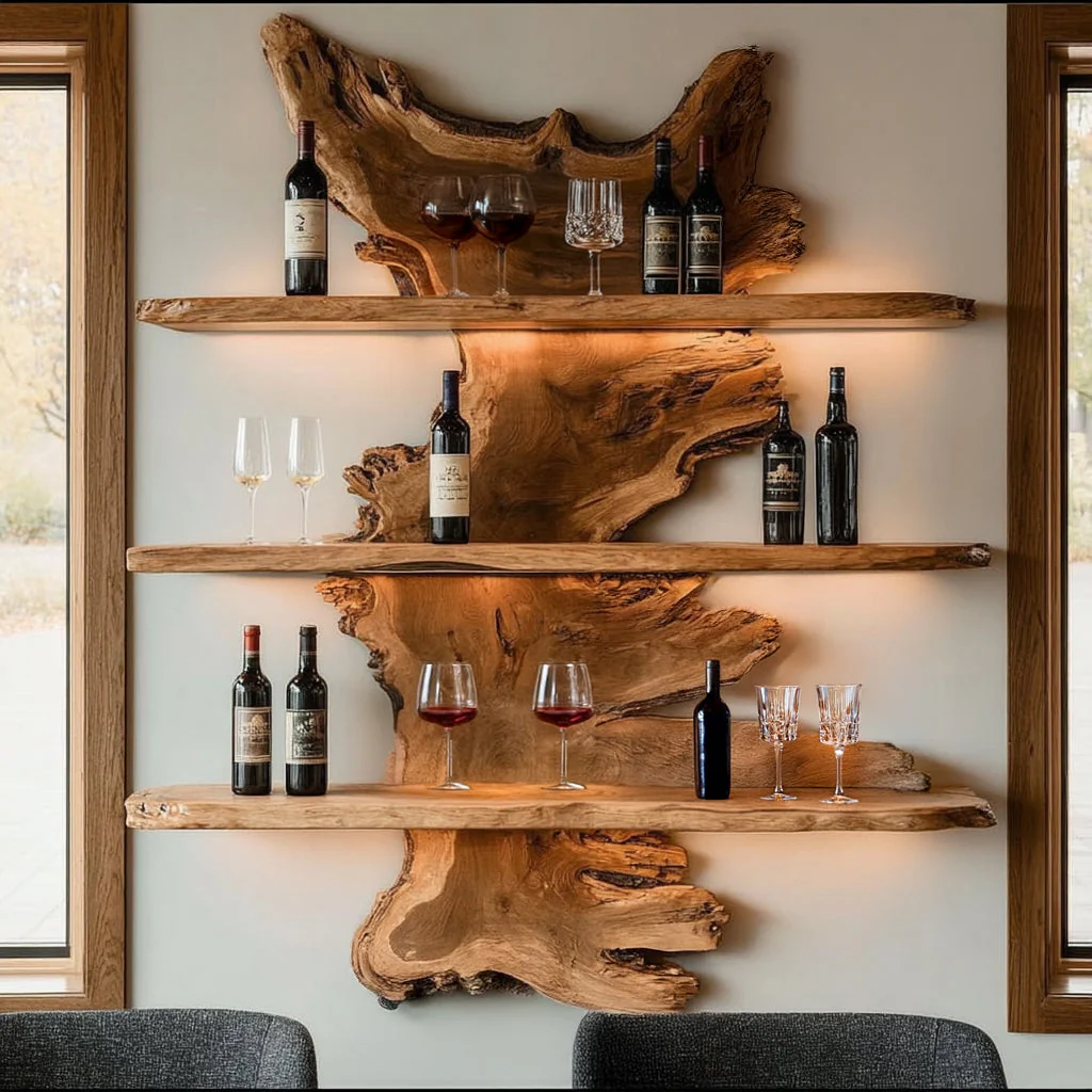 Live Edge Houten Barplank – Handgemaakt 3-Tier Zwevende Wandplank voor Keuken en Bar