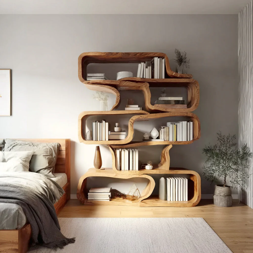 Handgemaakte Massief Houten Boekenkast – Moderne Sculpturale Artistieke Opbergplank