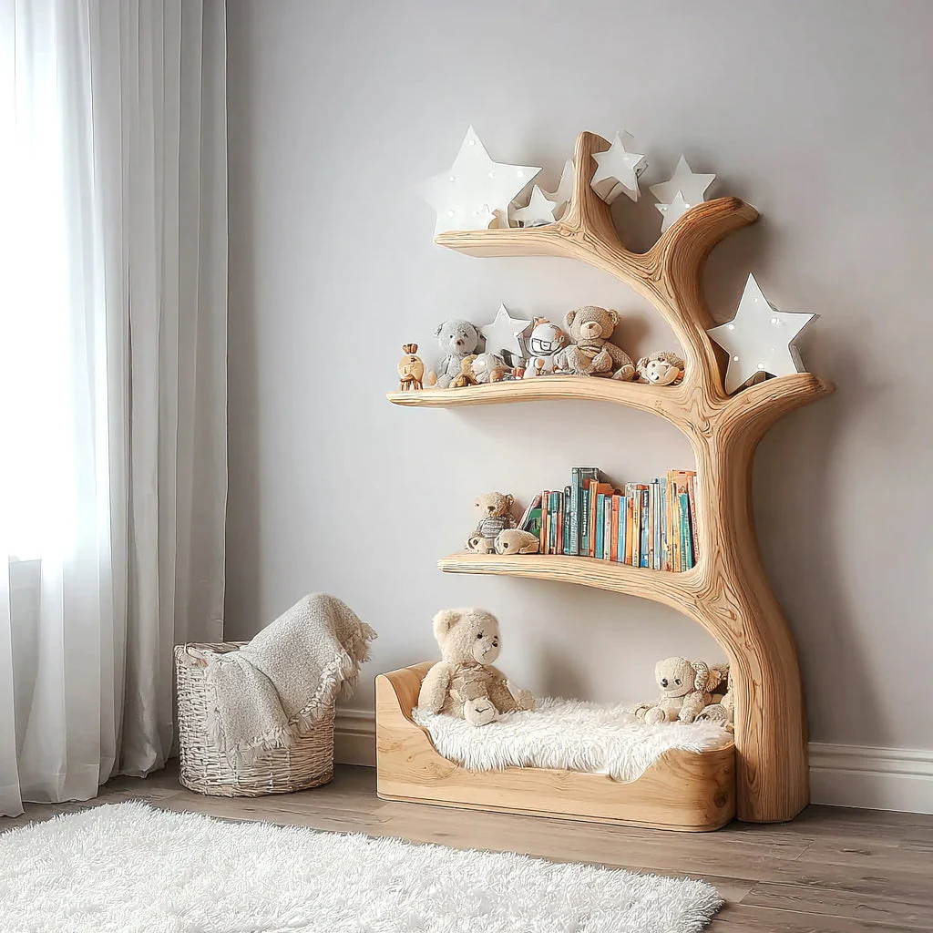 Handgemaakte Houten Boom Boekenkast voor Kinderen – Rustieke Takplank, Kinderkamerdecoratie