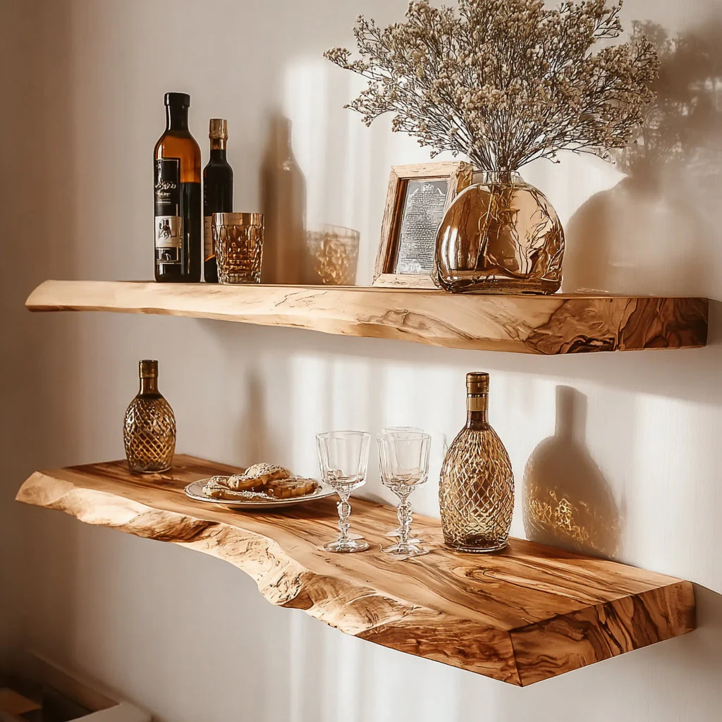 Handgemaakte Live Edge Massief Houten Zwevende Wandplank – Rustiek Meubel