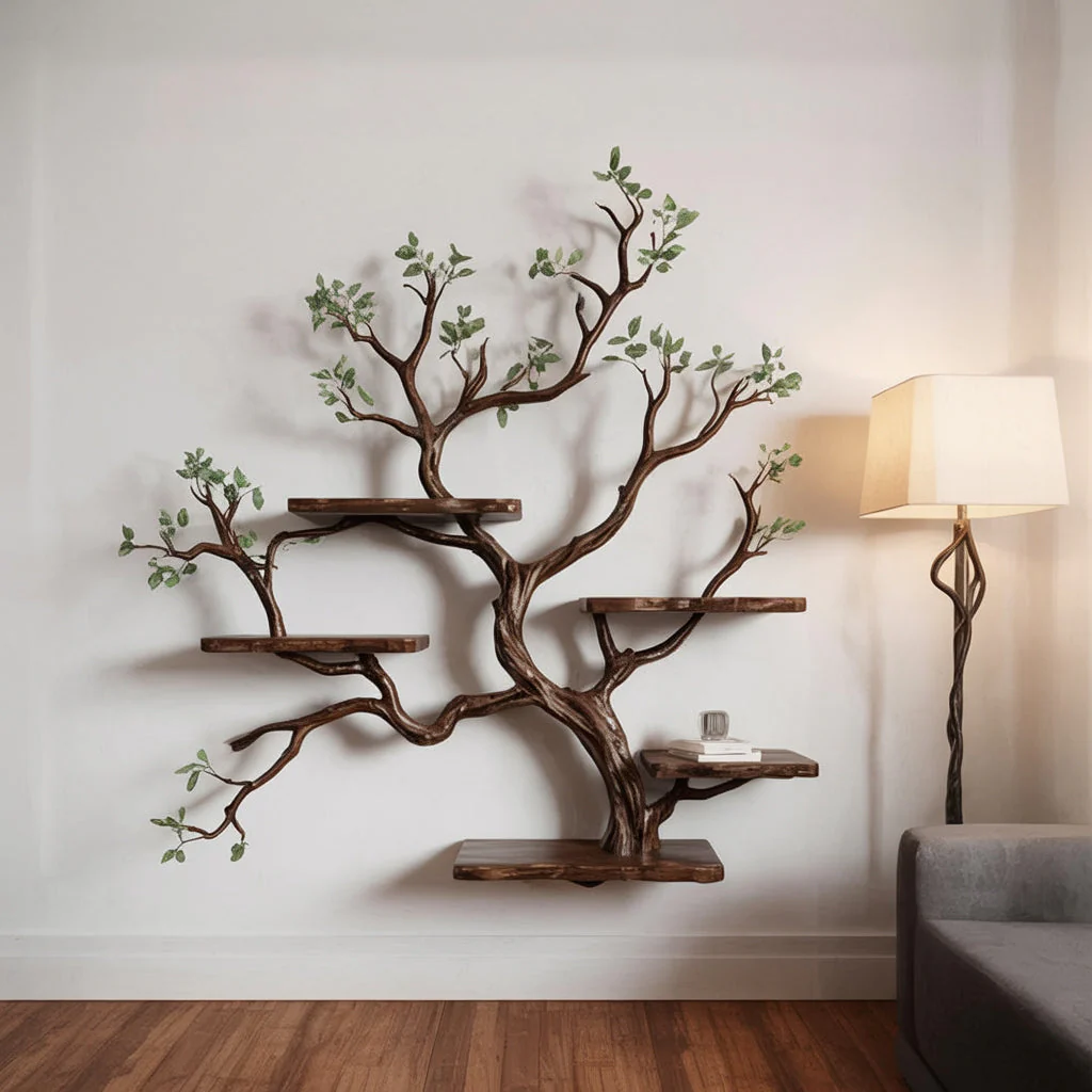 Live Edge Zwevende Wandplank – Massief Houten Boomtak Boekenplank