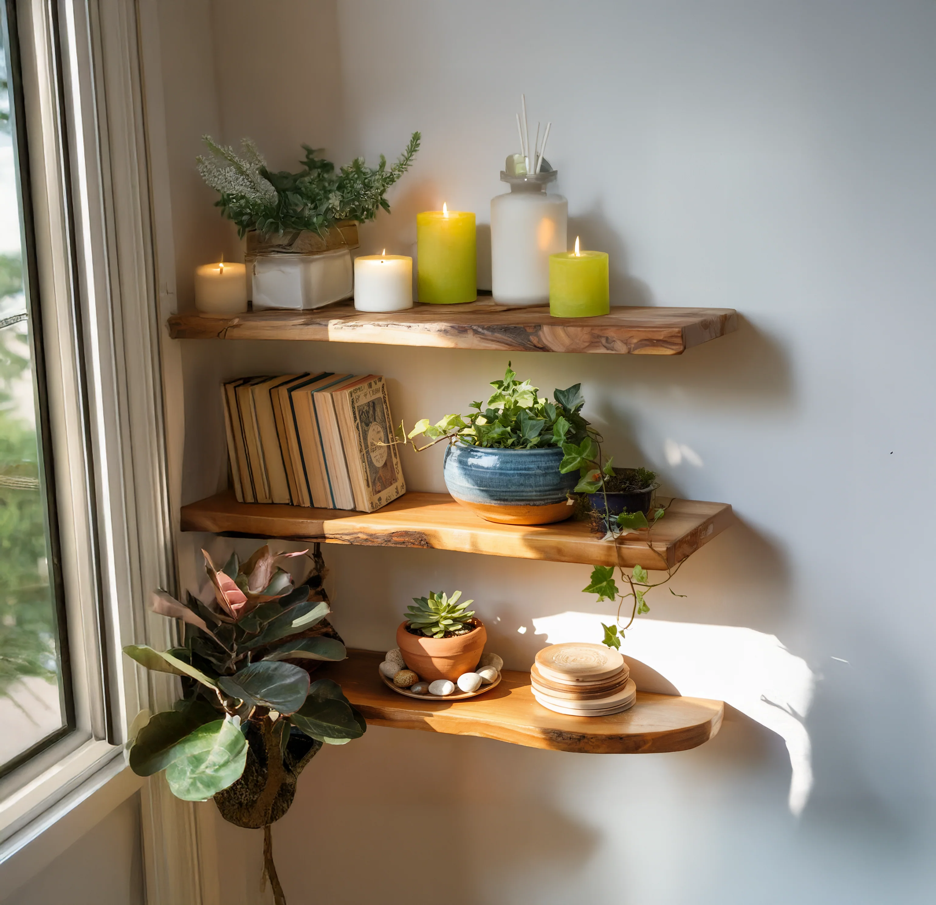 Zwevende Hoekwandplank – Live Edge Houten Plank voor Huisdecoratie & Aquarium