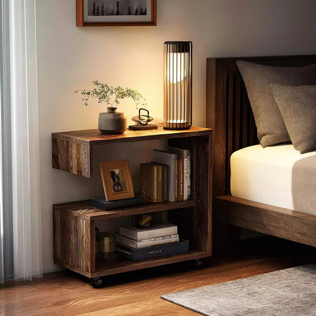 Verplaatsbaar Nachtkastje – 2-Lagen Moderne Roltafel met Wielen, Compact Zijmeubel