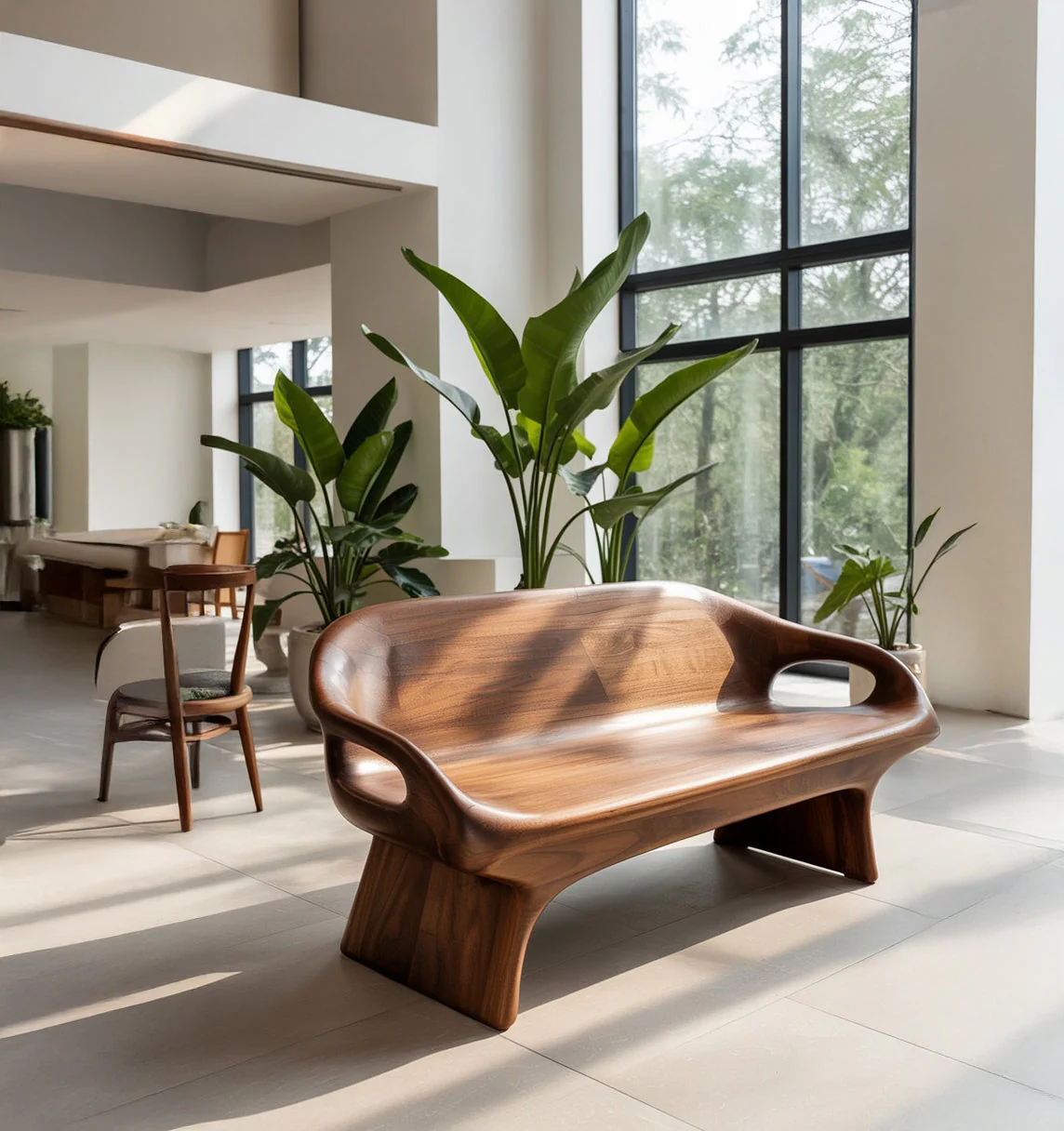 Handgemaakt Sculpturaal Bankje van Massief Hout – Modern Organisch Zitmeubel
