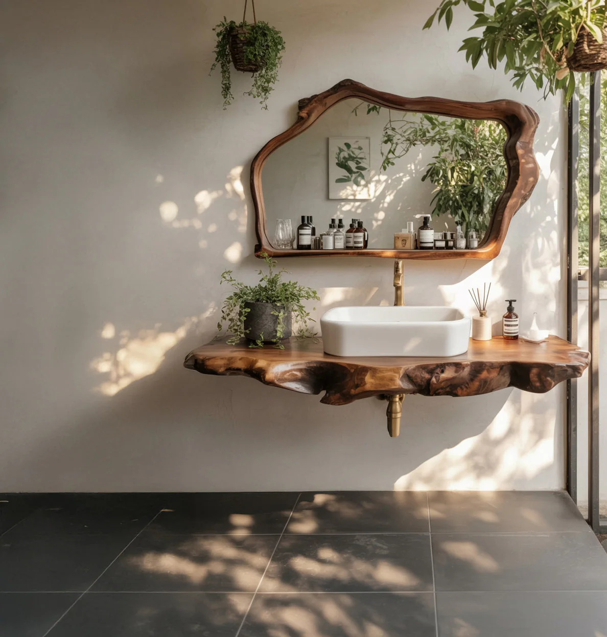 Badkamermeubel van Live Edge Hout met Spiegel – Handgemaakte Massief Houten Wastafelblad