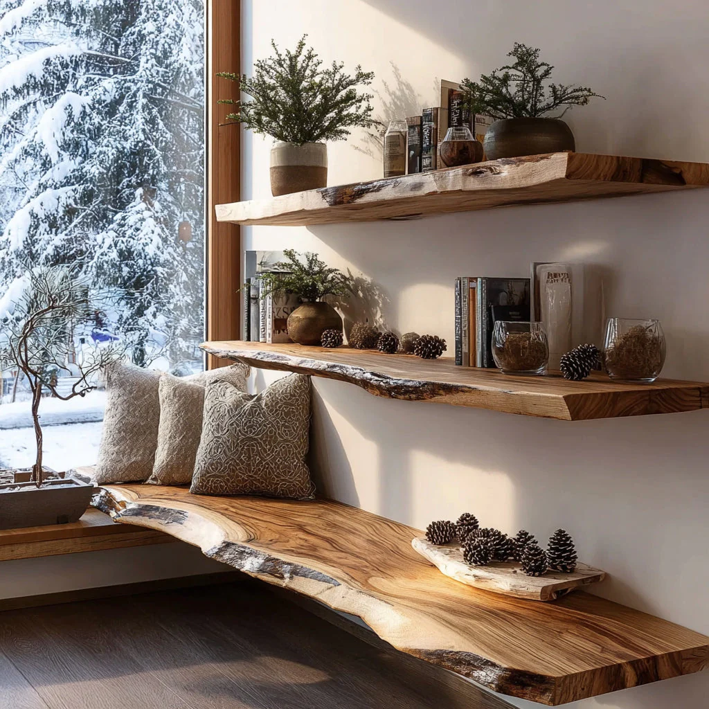 Handgemaakte Live Edge Massief Houten Wandplanken – Rustieke Zwevende Decoratie