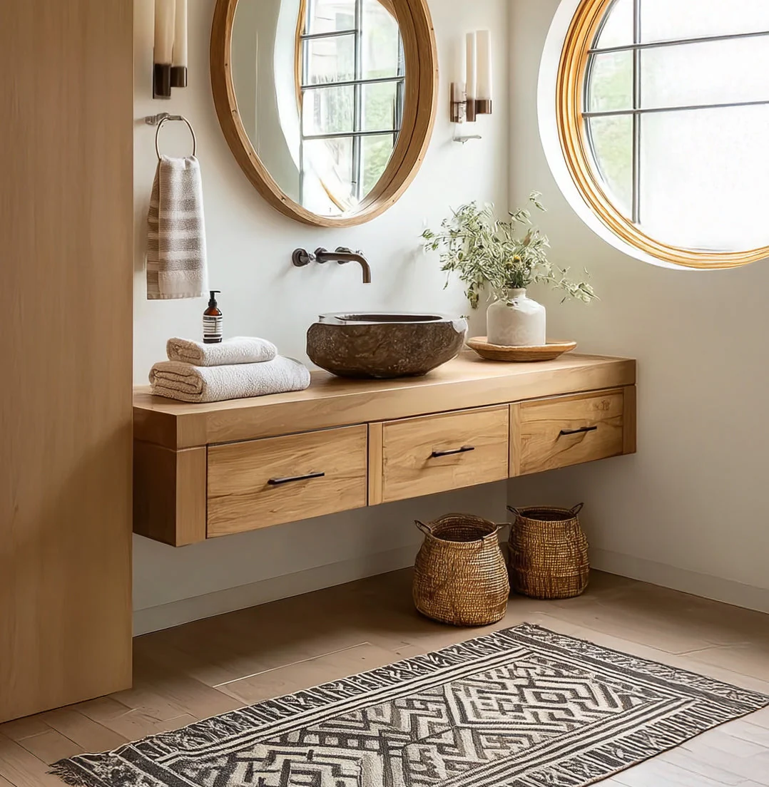 Handgemaakt Zwevend Badkamermeubel van Massief Hout met Lades – Modern Houten Wastafelmeubel