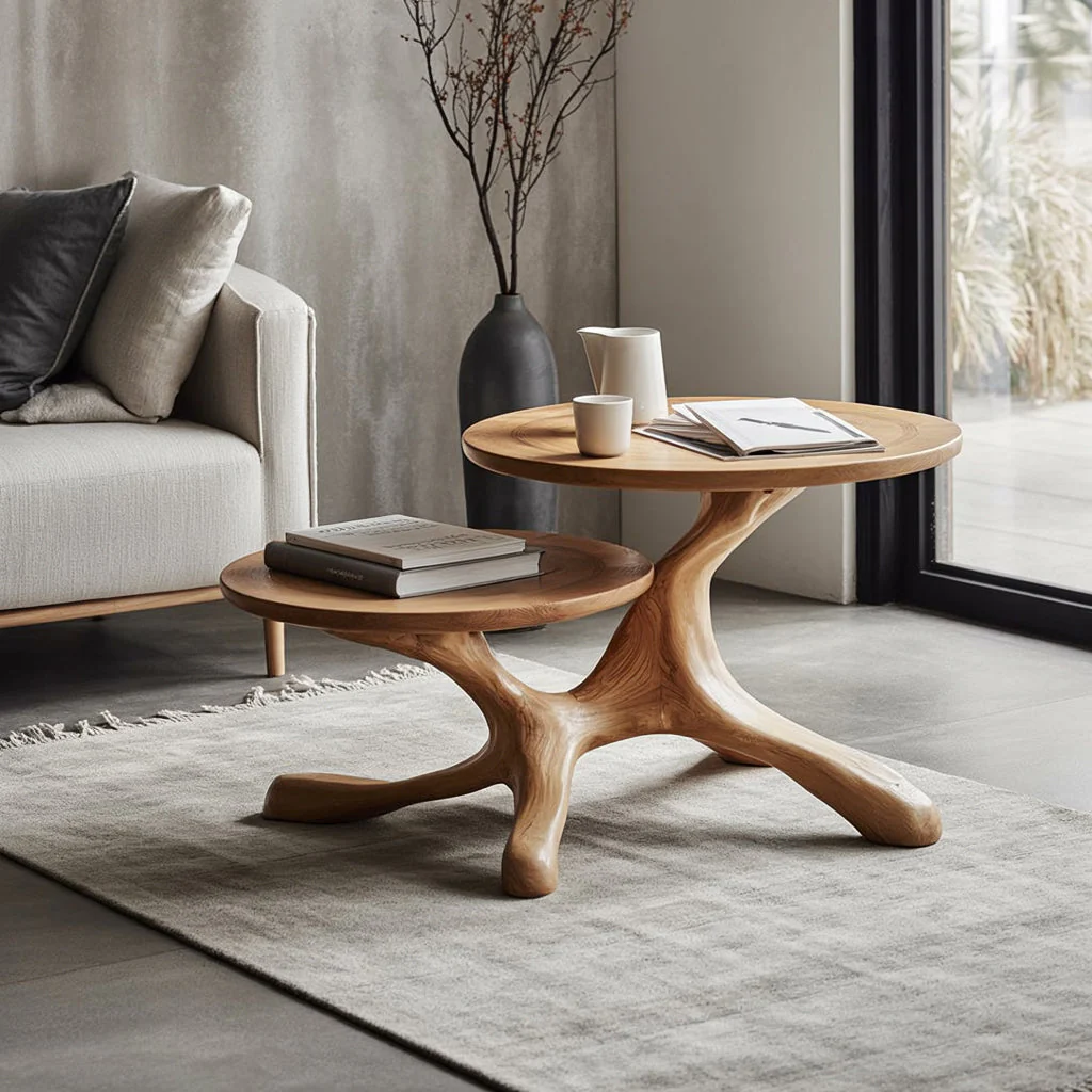 Handgemaakte Massief Houten Bijzettafel met Boomvoet – Rustiek Woondecor