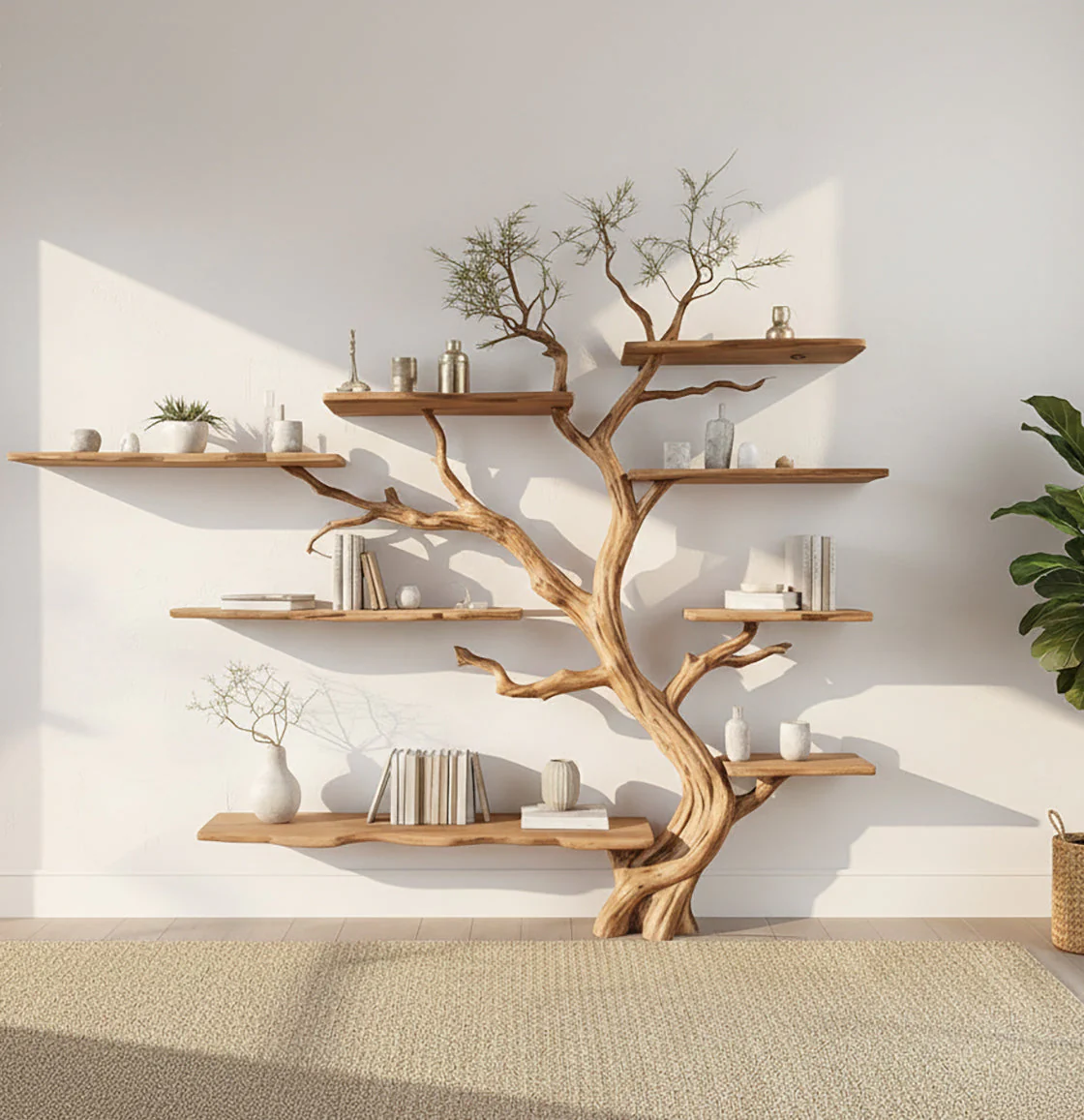 Boom Boekenkast – Handgemaakte Houten Takken Boekenkast met Zwevende Planken