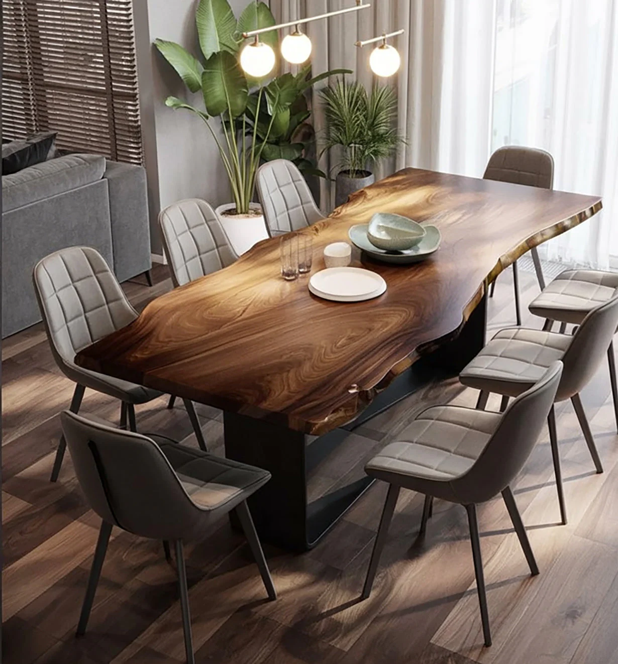 Live Edge Massief Houten Eettafel – Natuurlijke Platte Handgemaakte Tafel met Modern Metalen Onderstel