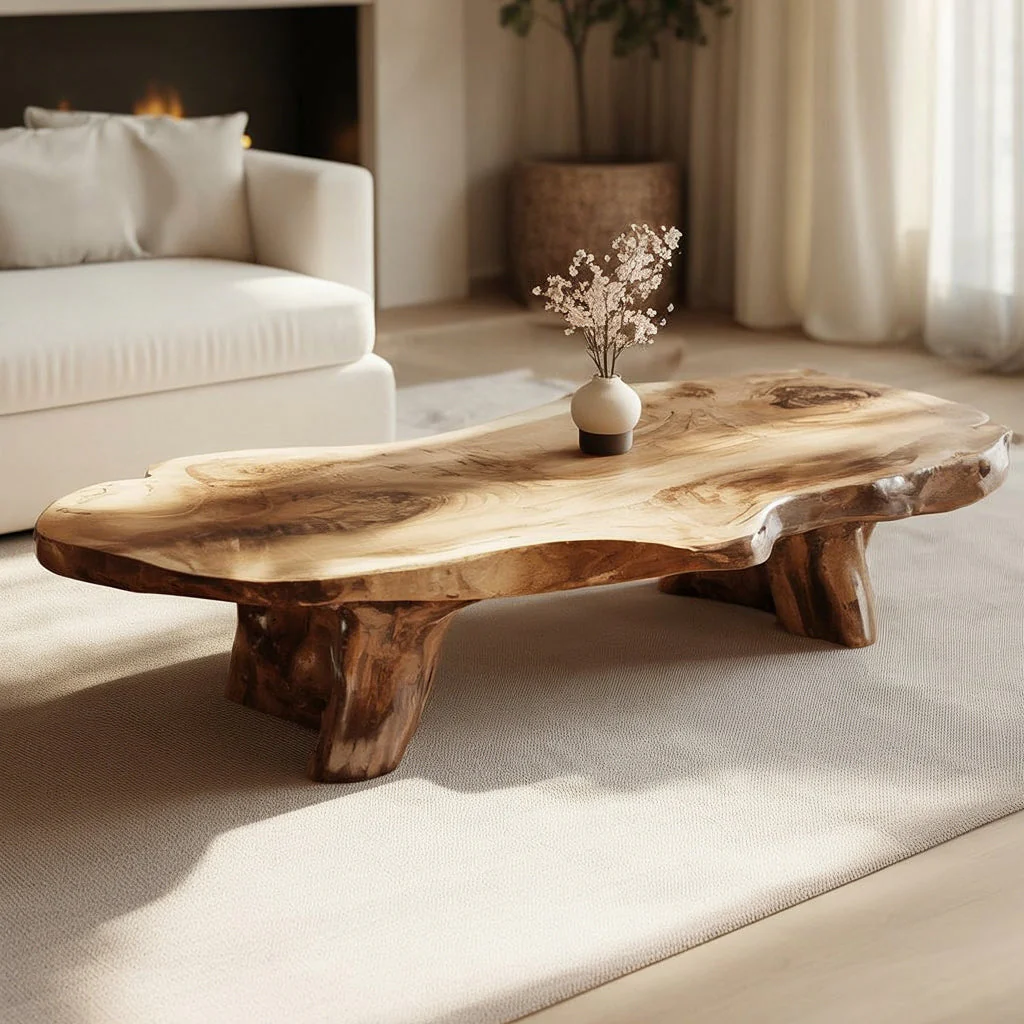 Handgemaakte Massief Houten Salontafel – Sculpturaal Organisch Modern Meubel