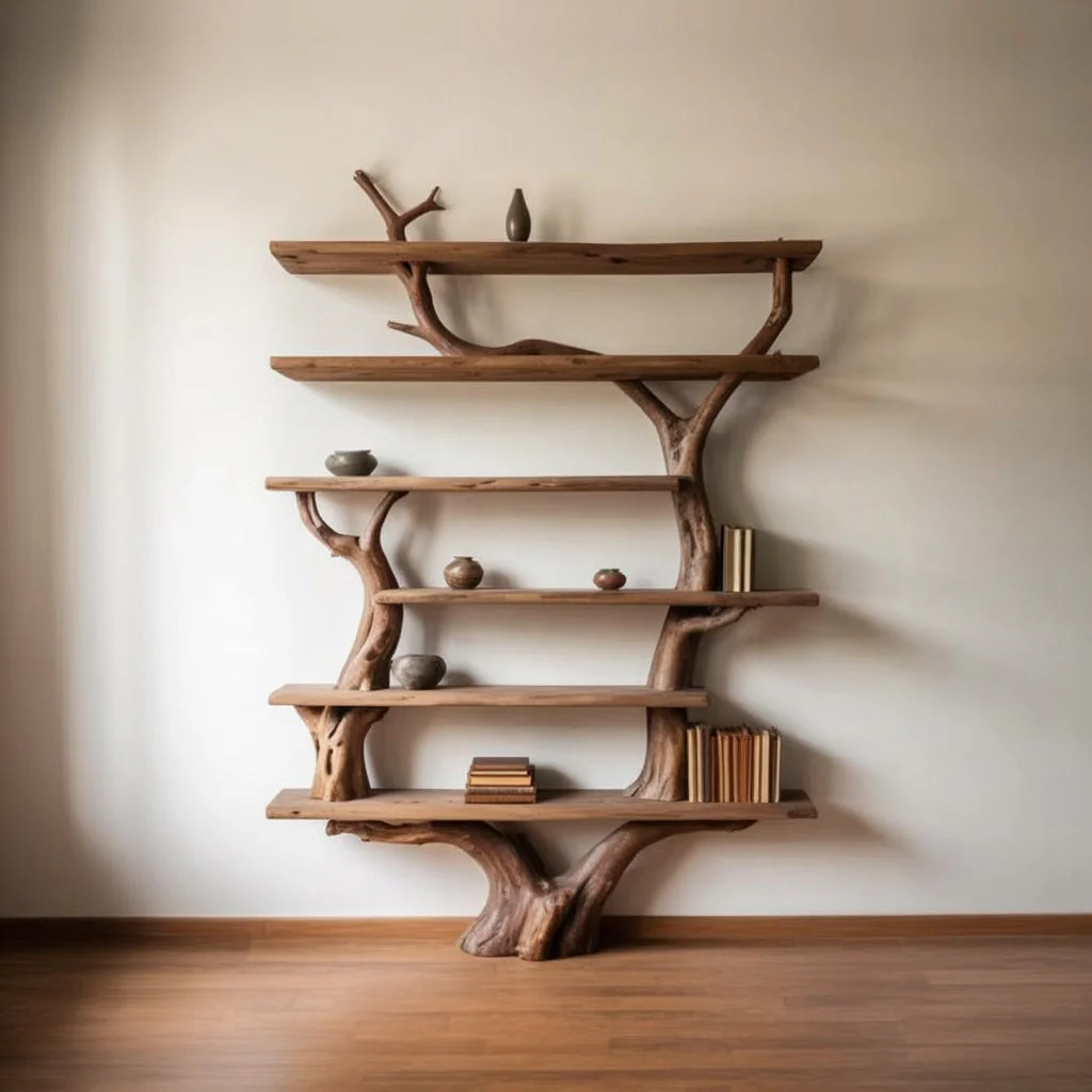 Boekenkast Van Boomtakken – Massief Hout Drijfhout Wand- & Vloerdecoratie