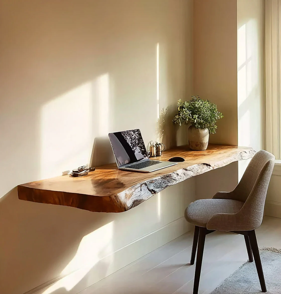 Live Edge Zwevend Bureau van Massief Hout – Handgemaakt Wandbureau voor Thuiswerkplek