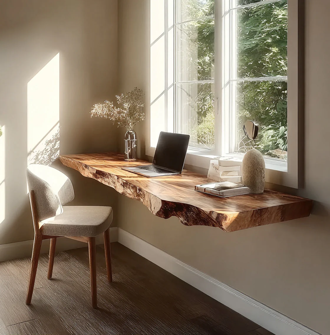 Zwevend Live Edge Bureau van Massief Hout – Wandgemonteerd Rustiek Modern Thuiswerkbureau