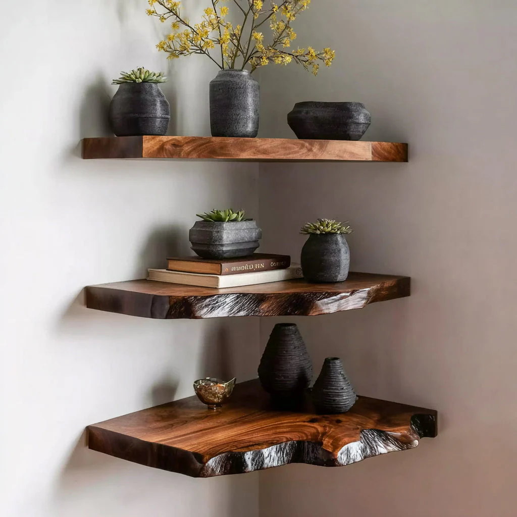 Hoek Zwevende Wandplank van Massief Hout met Live Edge