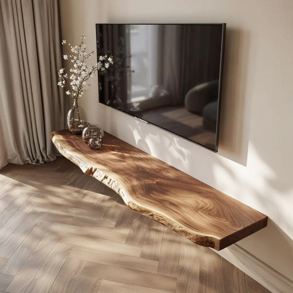 Live Edge Massief Houten Zwevend TV-Meubel – Handgemaakte Wandplank