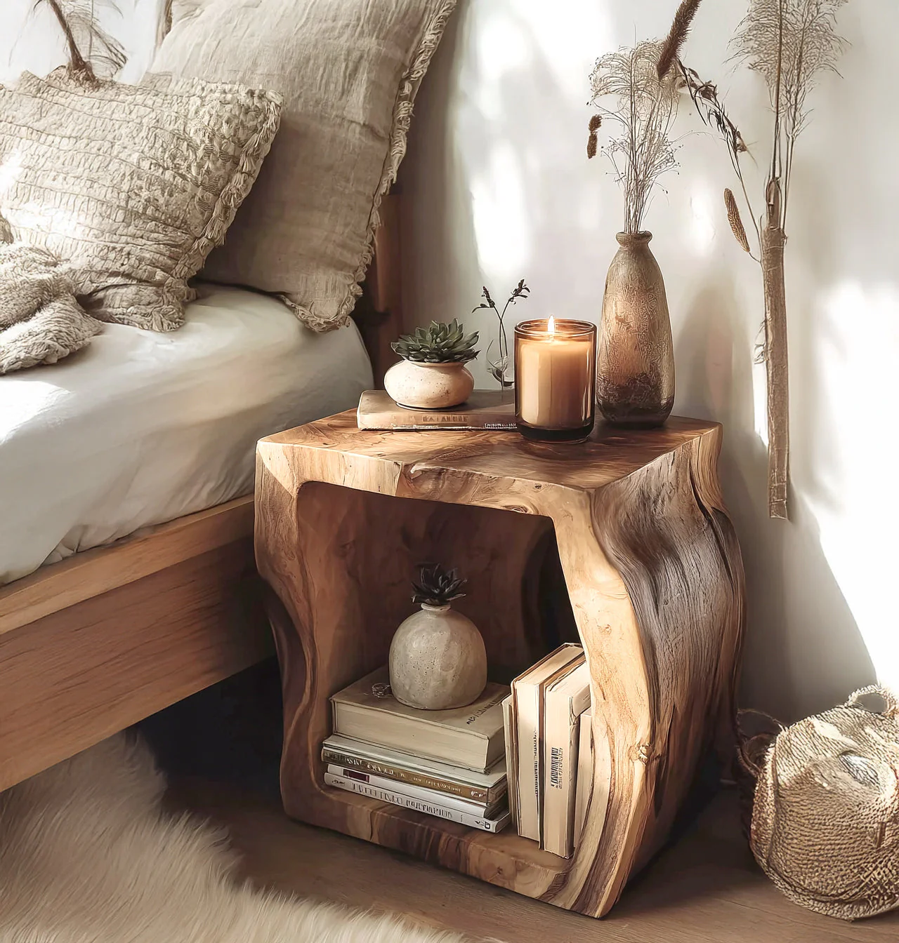 Nachtkastje van Hout met Live Edge – Handgemaakte Massiefhouten Bijzettafel met Plank