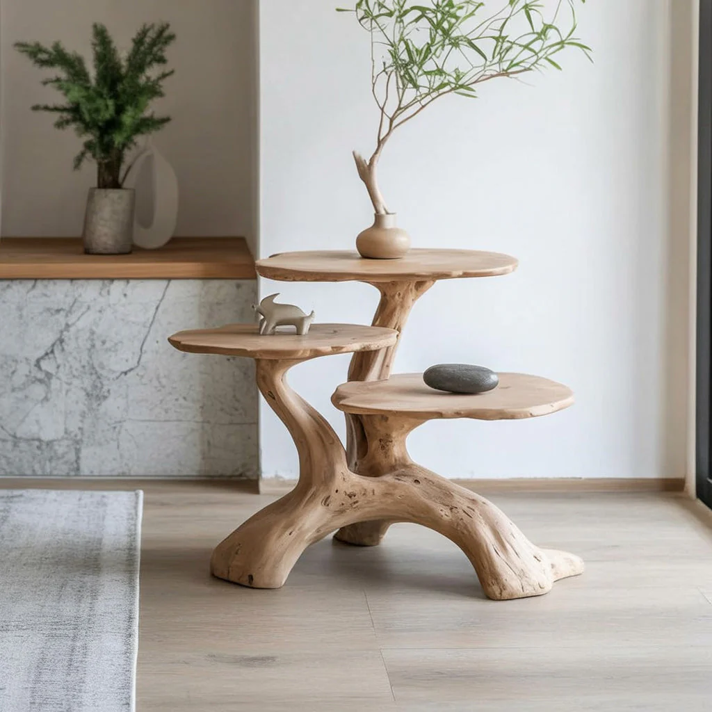 Handgemaakte Houten Bijzettafel met Natuurlijk Sculpturaal Design