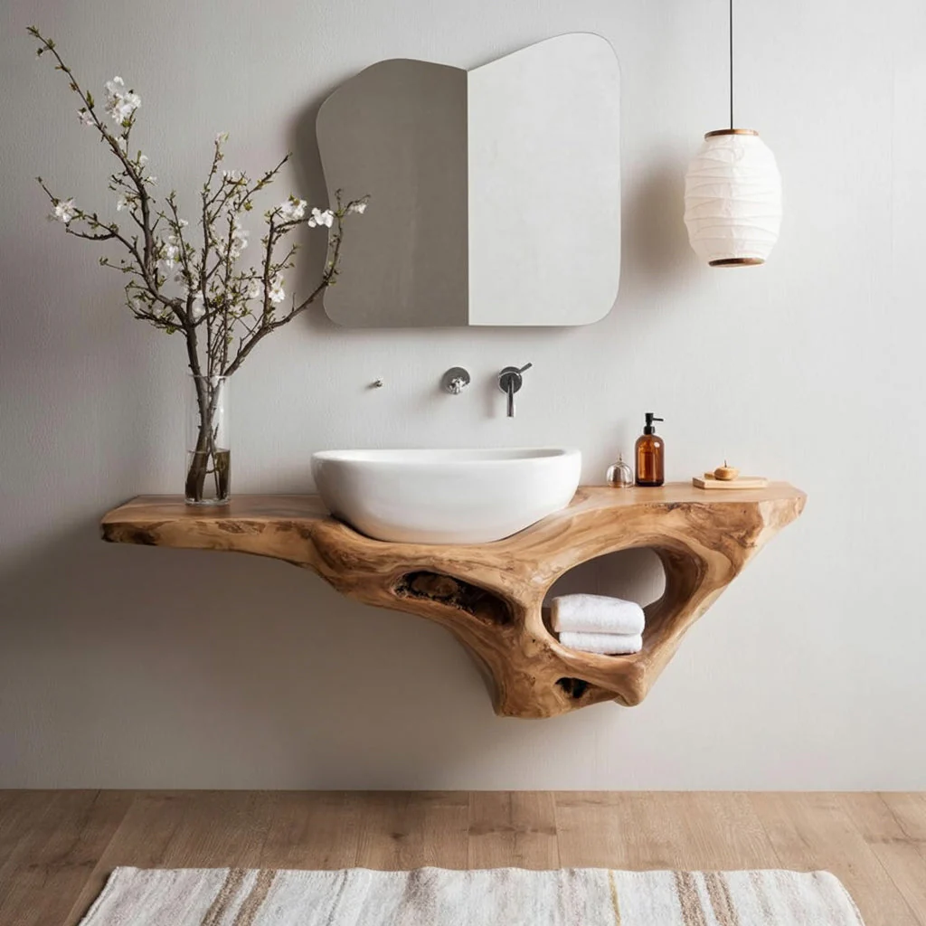 Handgemaakt Live Edge Zwevend Badkamermeubel van Massief Hout met Plank