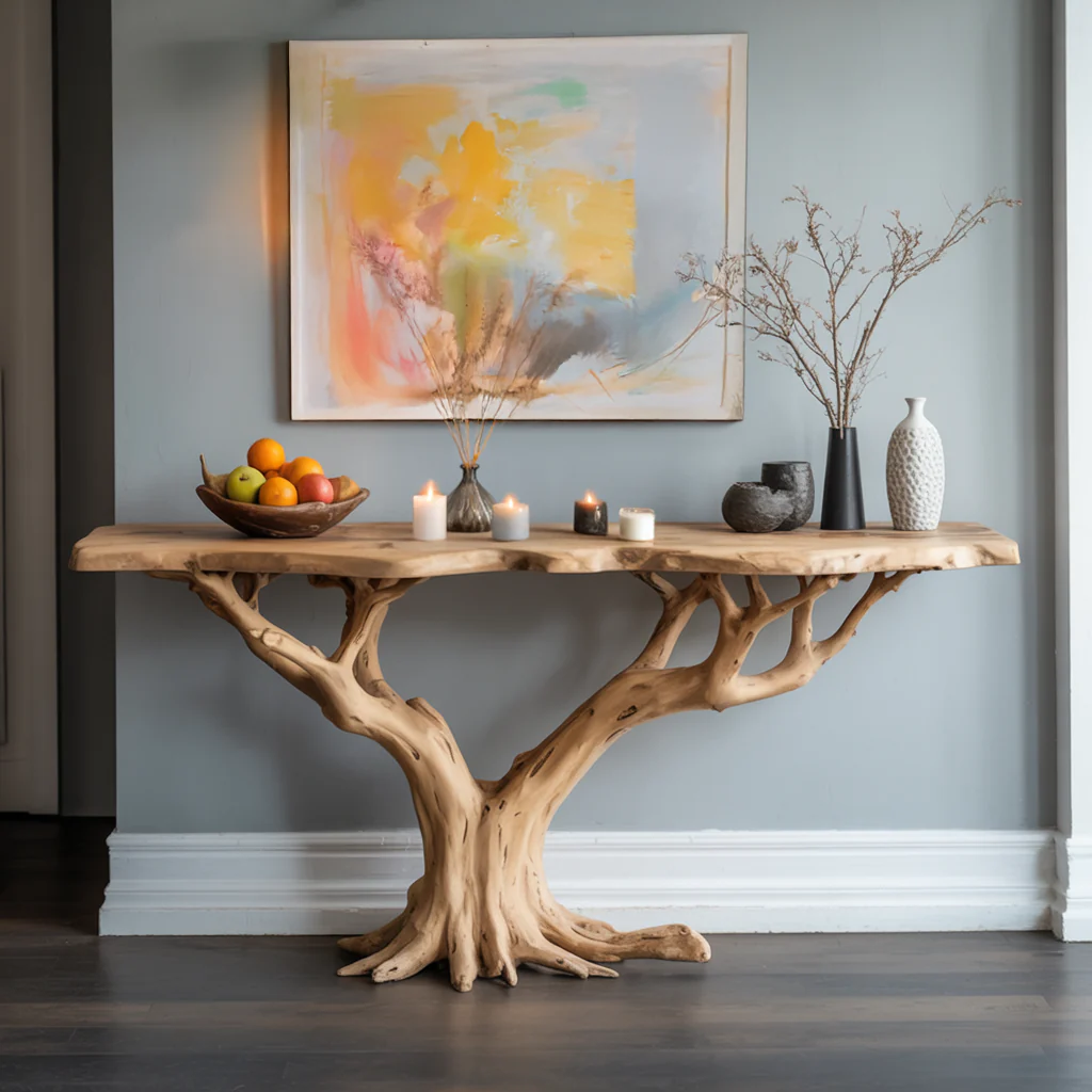 Handgemaakte Houten Console Tafel – Rustieke Live-Edge Sidetable voor Hal en Woonkamer