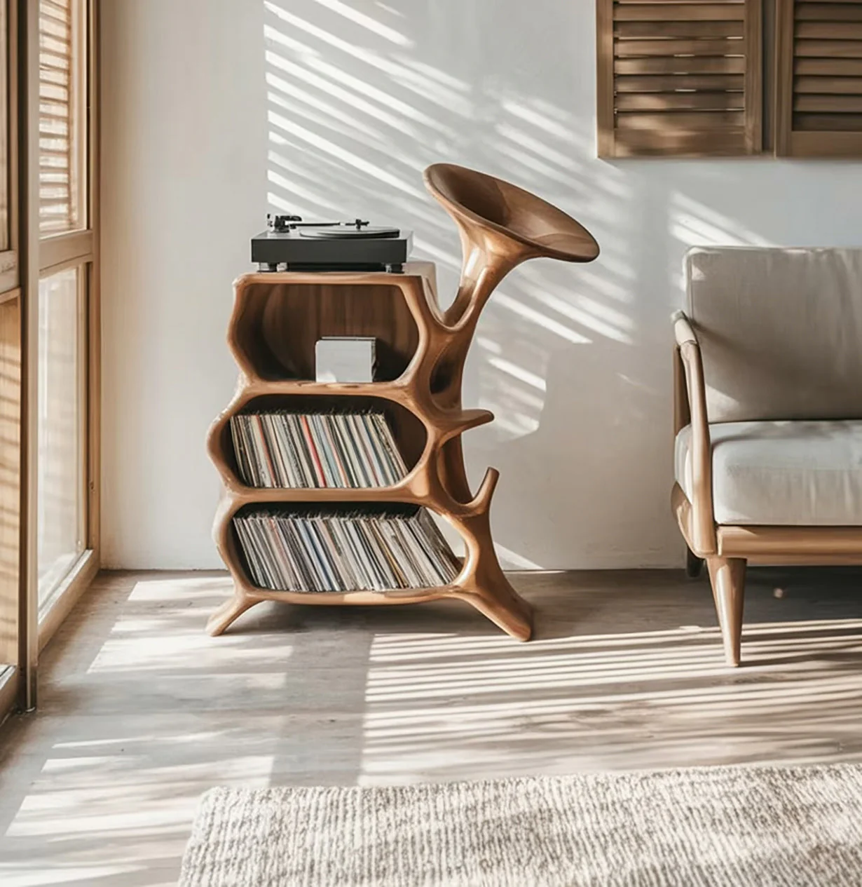 Organische Sculpturale Vinylkast van Massief Hout met Platenspeler