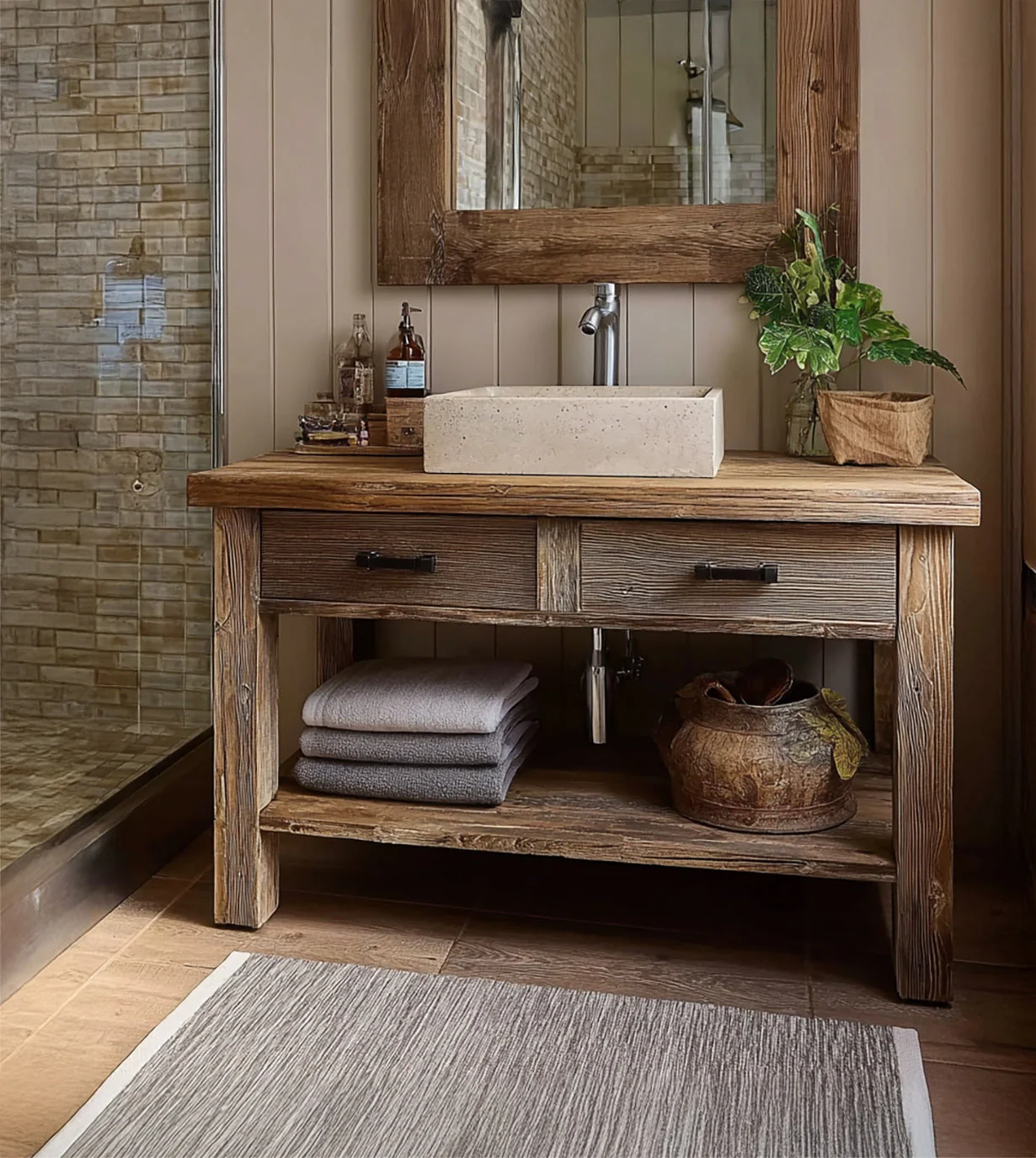 Houten Rustiek Handgemaakt Badkamermeubel – Live Edge Massief Hout Kast