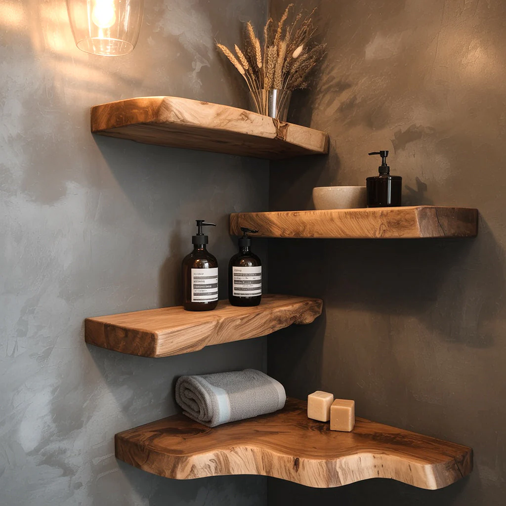 Ambachtelijke Live Edge Hoekplank – Massief Hout, Zwevend voor Boeken en Decoratie