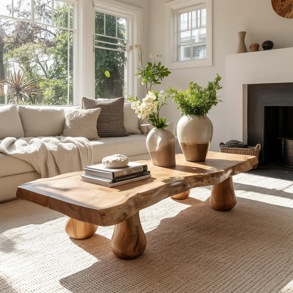 Handgemaakt Massief Houten Salontafel – Rustiek Live Edge Mid-Century Modern Meubel