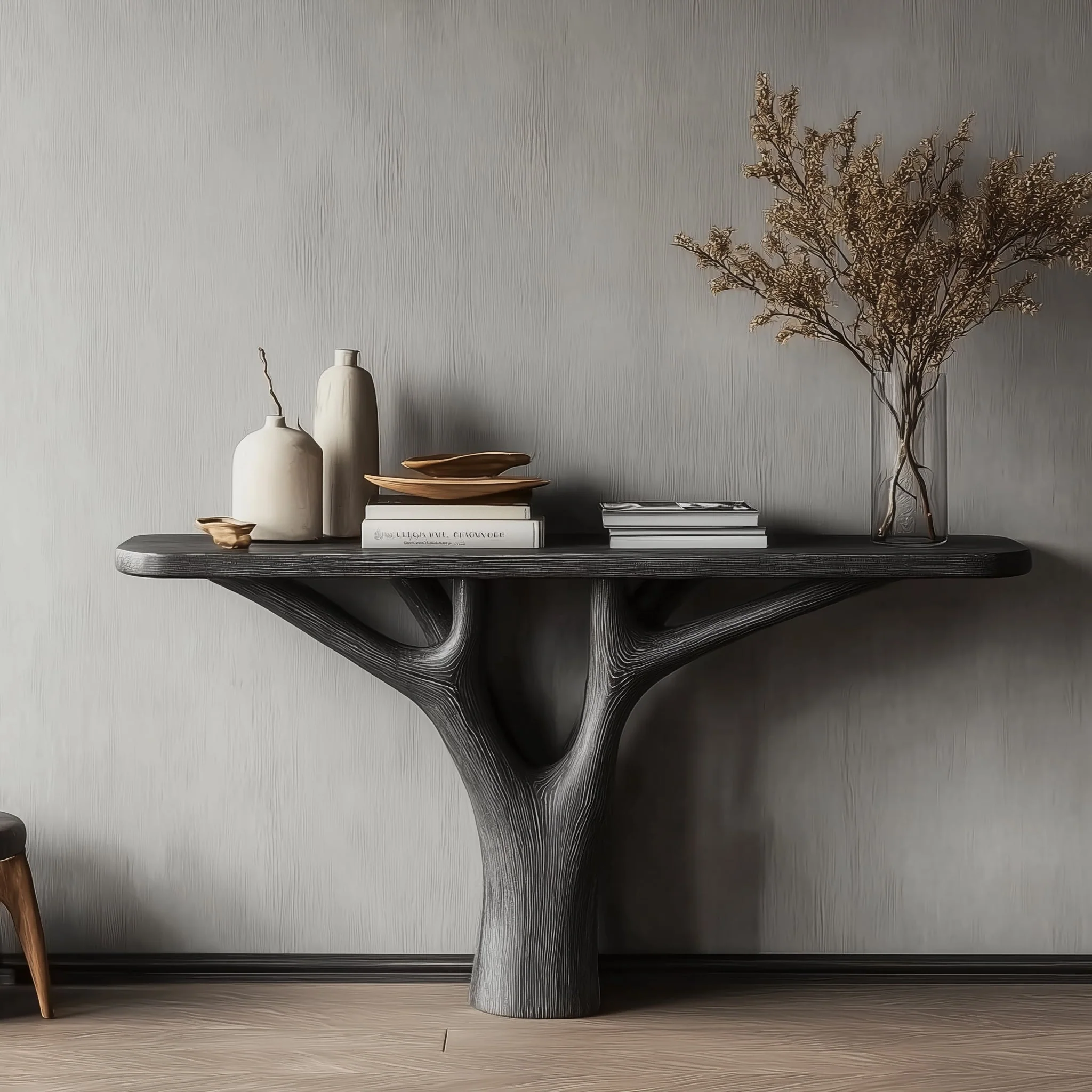 Moderne Consoletafel met Boomtakontwerp – Handgemaakt van Hout voor de Ingang