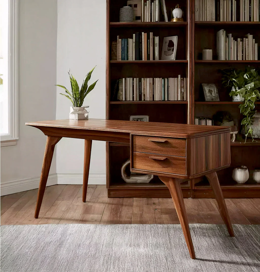 Handgemaakt Mid-Century Modern Bureau – Massief Houten Schrijftafel met Laden