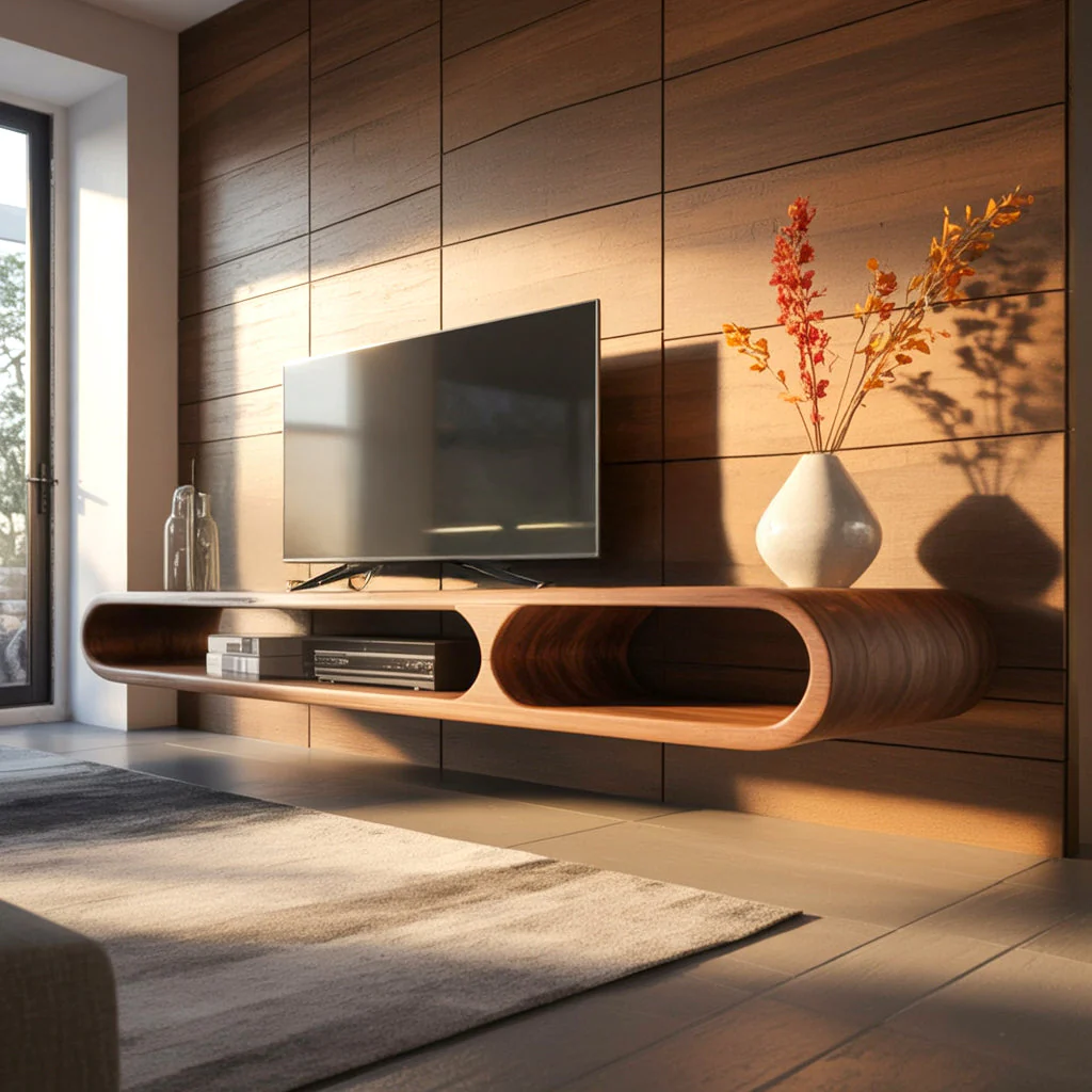 Handgemaakt Modern Zwevend TV-Meubel – Gebogen Massief Houten Mediakast