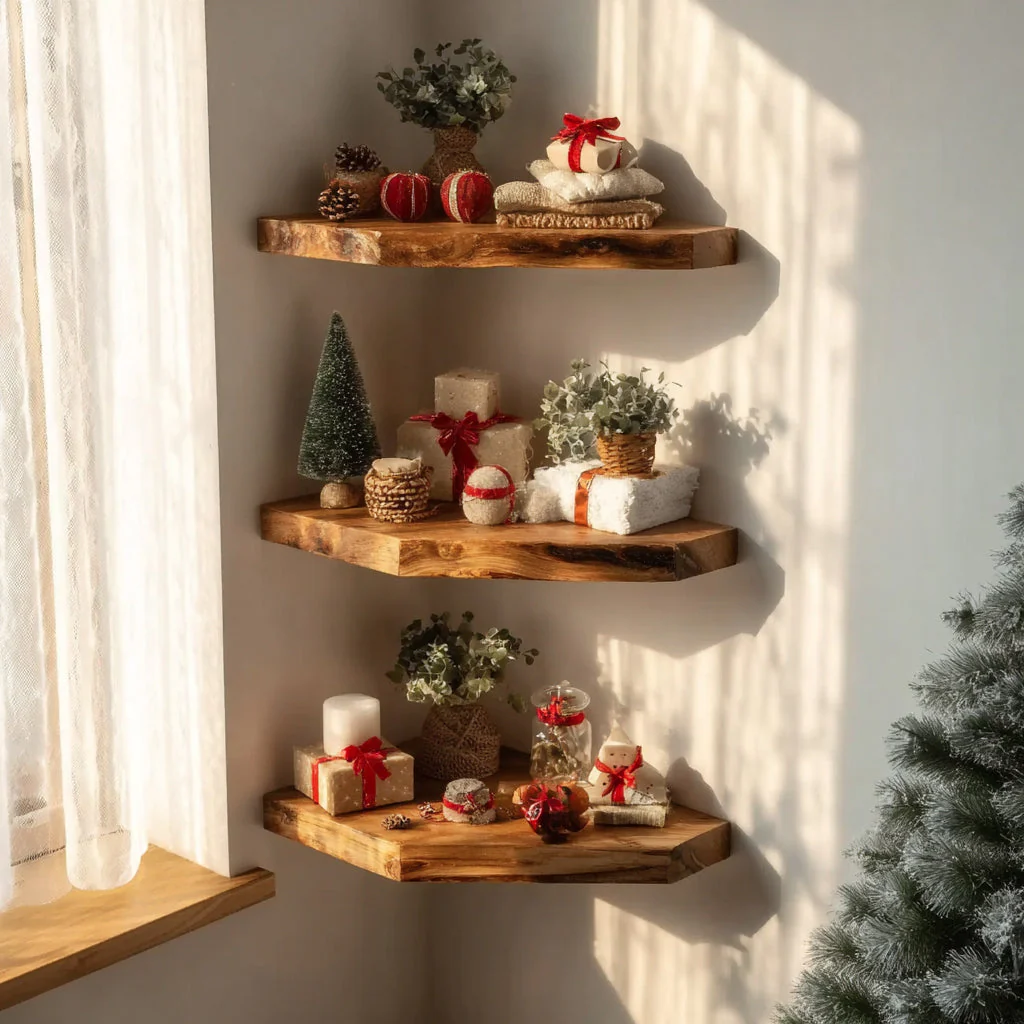 Handgemaakte Rustieke Hoekplank – Live Edge Massief Hout, Zwevend Wandrek