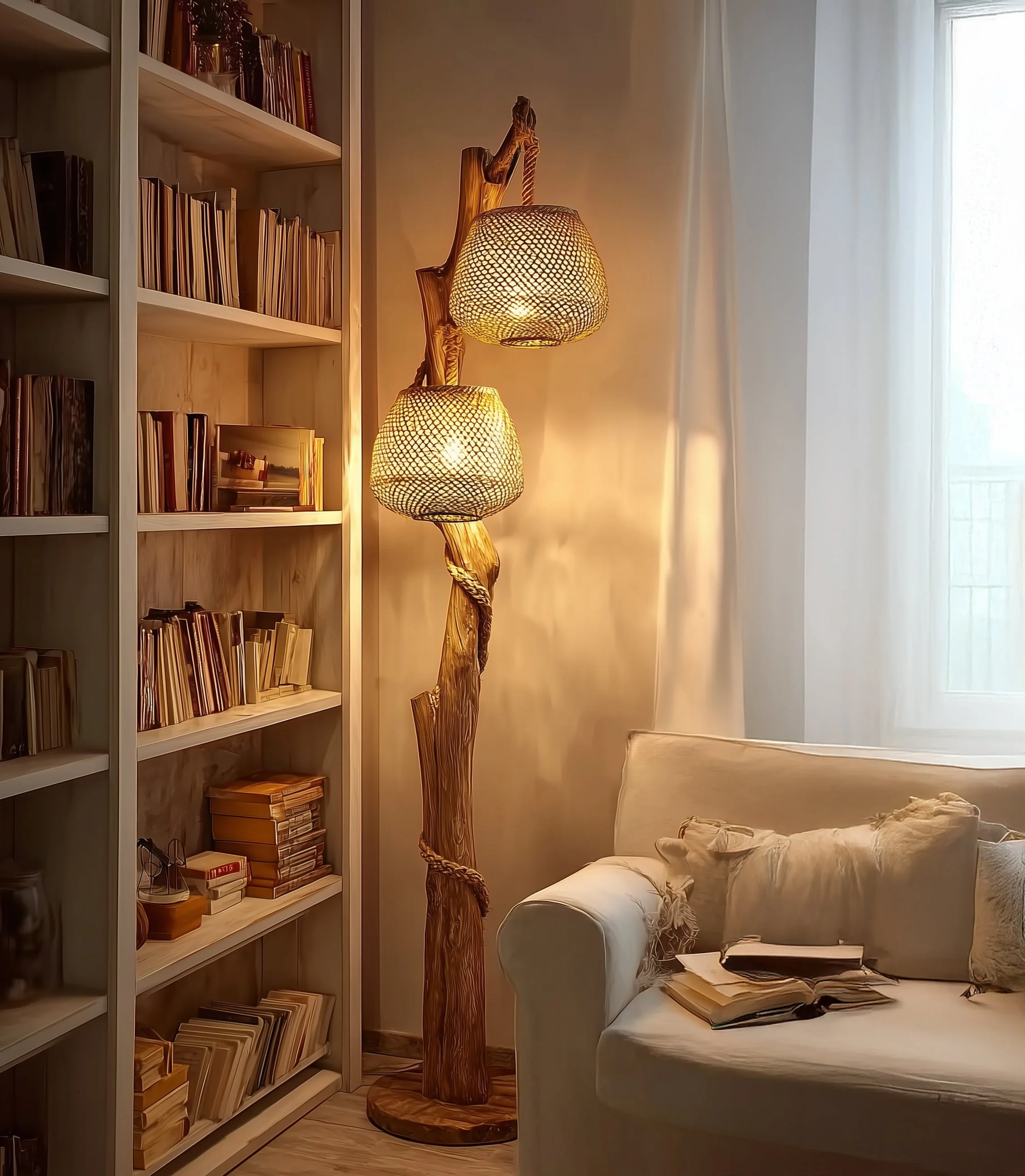 Boom Vloerlamp – Houten Staande Lamp Handgemaakt voor Rustiek Interieur