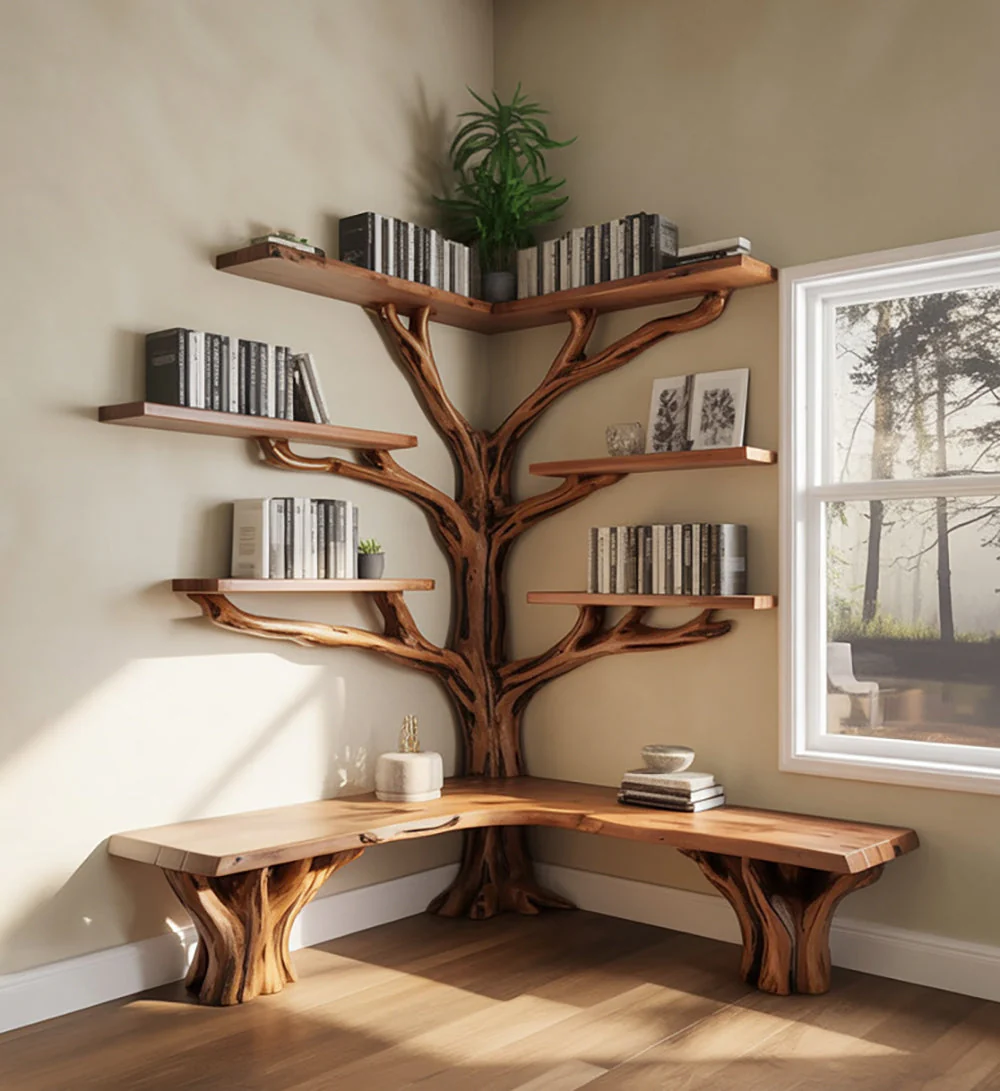 Hoek Boomvormige Kinderboekenplank – Rustieke Live-Edge Massief Houten Boekenkast Handgemaakt