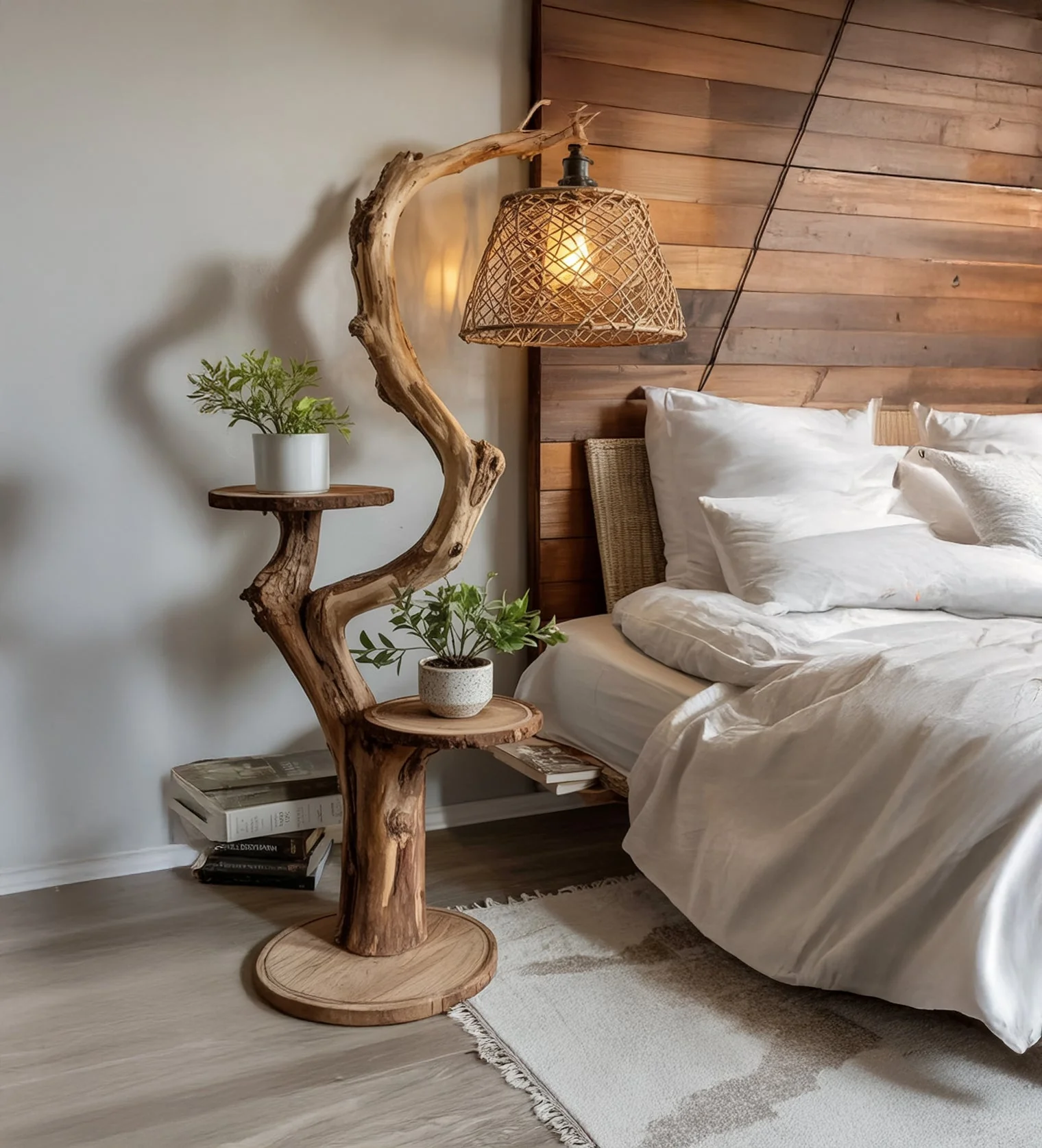 Rustieke Drijfhout Vloerlamp met Planken – Handgemaakte Houten Staande Lamp