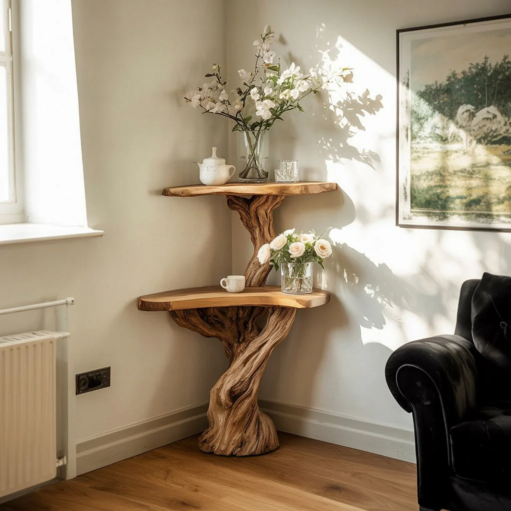 Hoek Boom Consoletafel – Handgemaakte Houten Takkenplank Rustiek