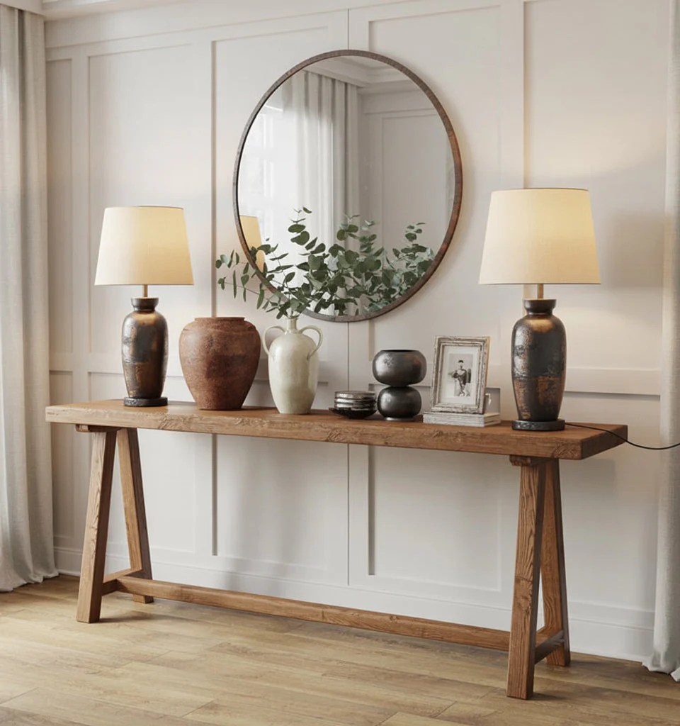 Rustieke Handgemaakte Console Tafel – Gerecycled Hout Live-Edge Halmeubel